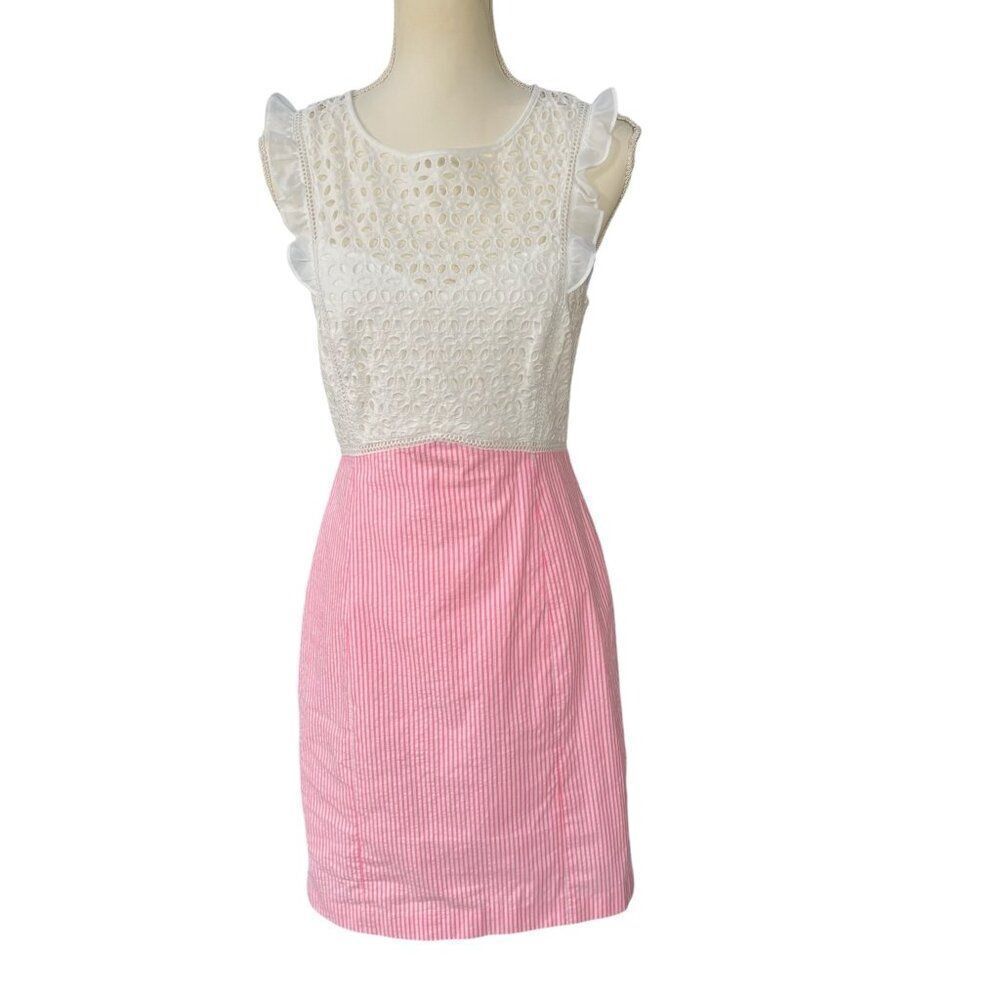 Lilly Pulitzer Maya Seersucker Ruffle Sleeve Eyelet Bodice Pink Striped Size 6